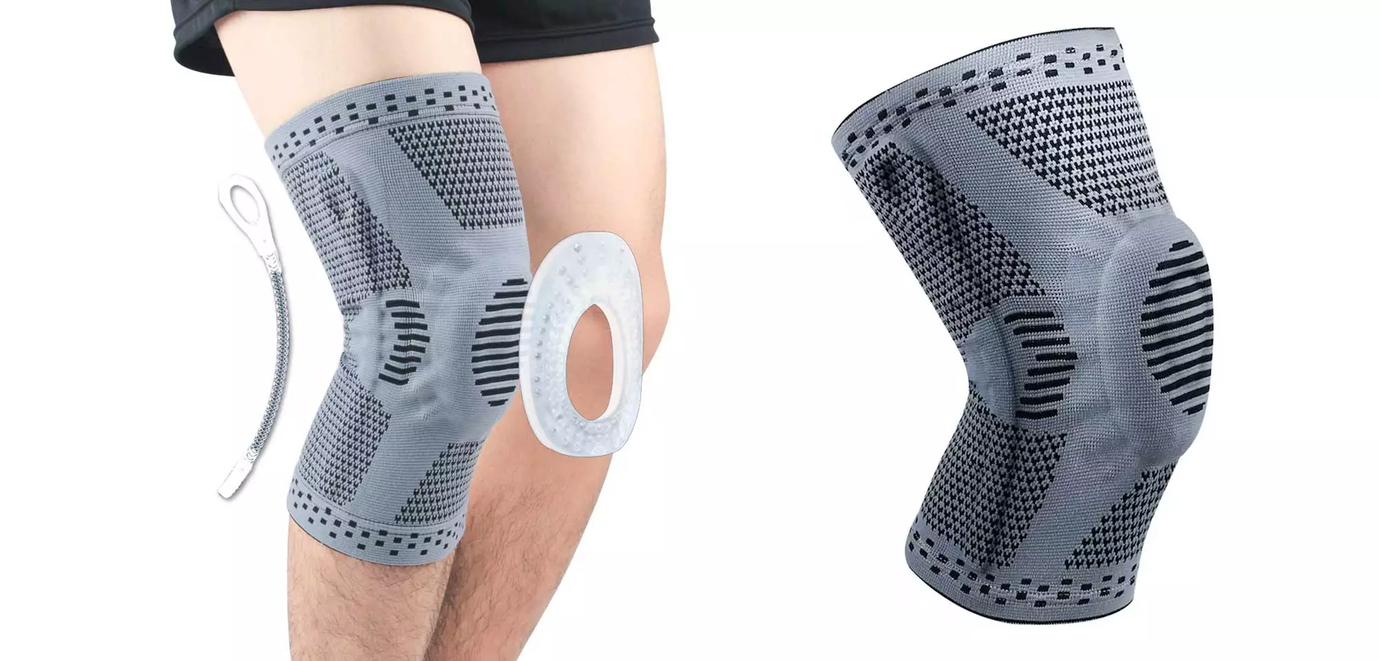 Person in shorts wearing a FlexKneePro knee brace for support.