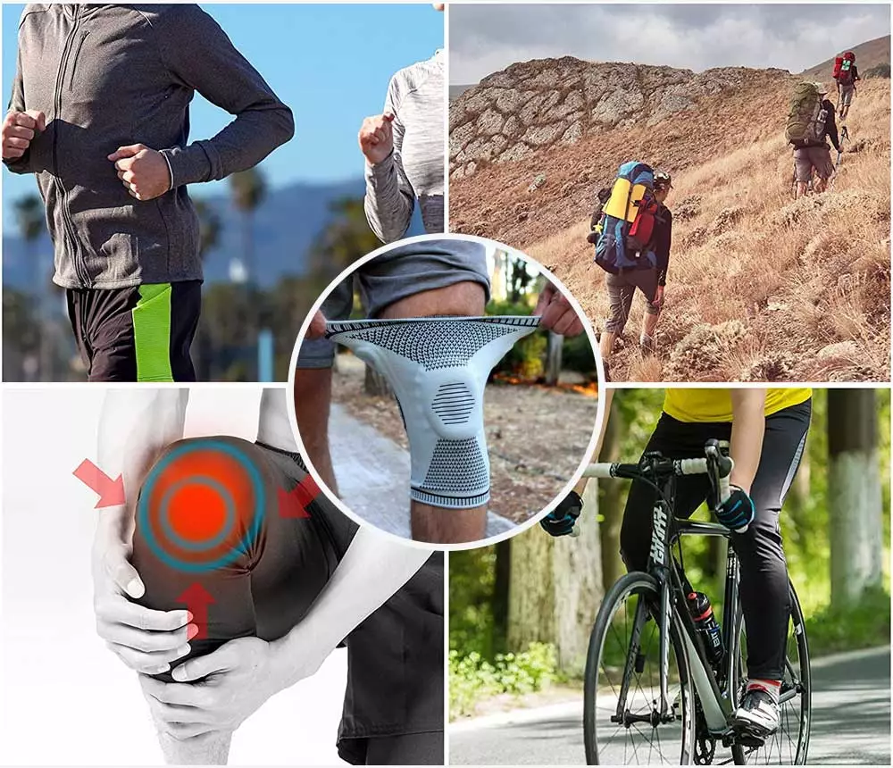 People running, hiking, and cycling, with one individual experiencing knee pain; prominently featuring FlexKneePro knee braces in the center.