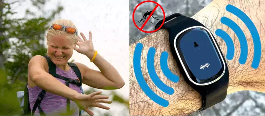 On the left, a hiker being bitten by mosquitoes; on the right, a man's wrist wearing a black MoskitoPro ultrasonic bracelet.