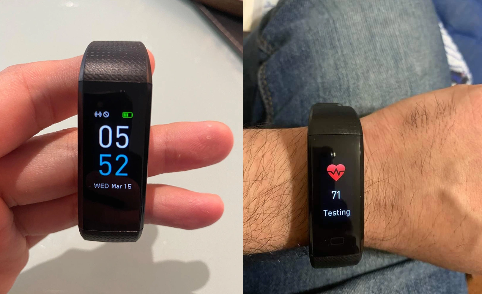 This image shows a hand wearing a black SmartTrack watch with a display showing the heart rate (HR) along with a beating heart symbol. The person appears to be interacting with the device by tapping on the screen. The background is slightly blurred, emphasizing the device and the action.