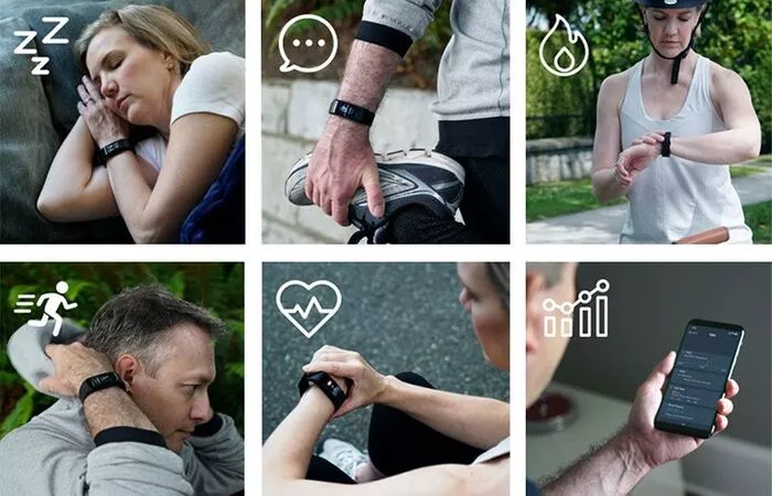 This image is a collage of six photos showcasing different uses of the SmartTrack watch. Each photo is accompanied by an icon symbolizing a feature of the watch.