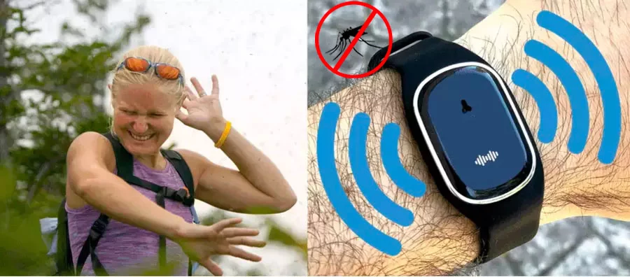 À gauche, une randonneuse se faisant piquer par des moustiques ; à droite, un poignet d'homme portant un bracelet à ultrasons MoskitoPro de couleur noire.